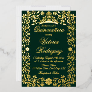 Invitation En Aluminium Émeraude verte et or Quinceañera Floral 