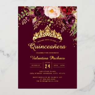 Invitation En Aluminium Enchanter Floral Bourgogne Quinceanera
