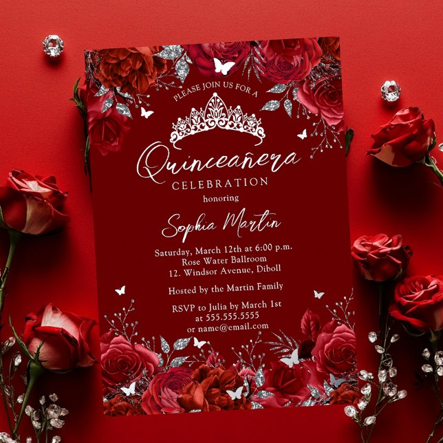 Invitation En Aluminium Enchanter Quinceanera Florale Argent Rouge (Créateur téléchargé)