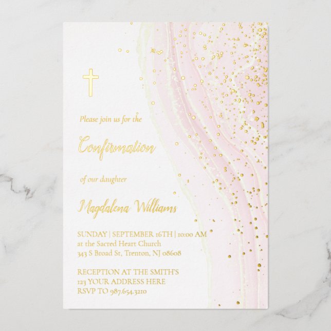 Invitation En Aluminium encre rose pastel et paillettes FAUX | Confirmatio (Recto)