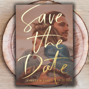 Invitation En Aluminium Enregistrer la photo Date Gold Calligraphy