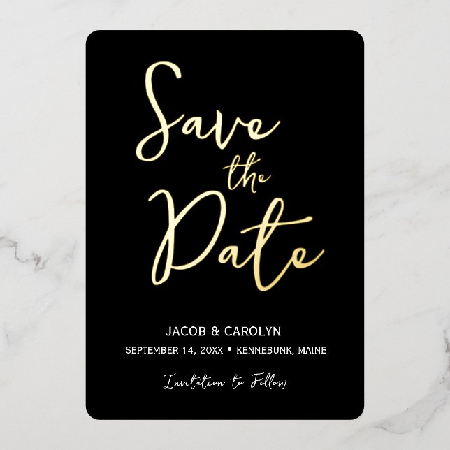 Invitation En Aluminium Enregistrez la date Mariage Noir Blanc Or (Recto)