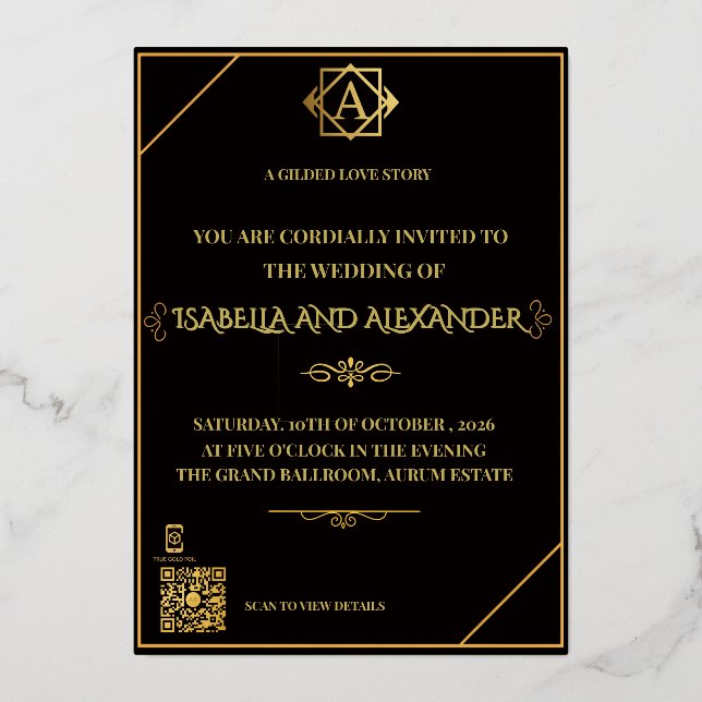 Invitation En Aluminium Ensemble de mariage AR noir et or de luxe - Intera (Recto)