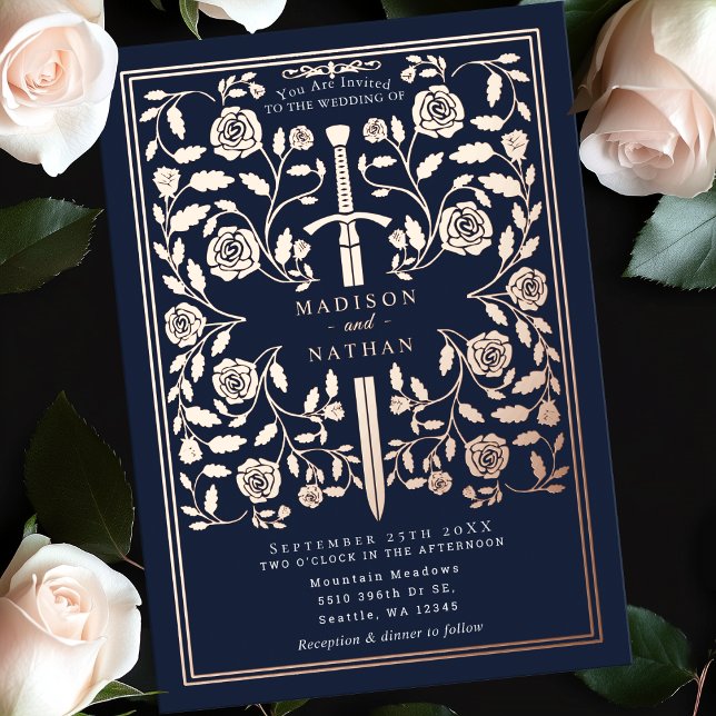 Invitation En Aluminium Épée de mariage Rose Gold Médiévale Royale Bleue  (Créateur téléchargé)