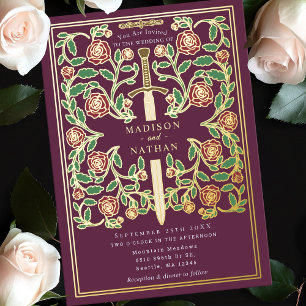 Invitation En Aluminium Épée Mauve Florale Mariage Médiéval Fantastique