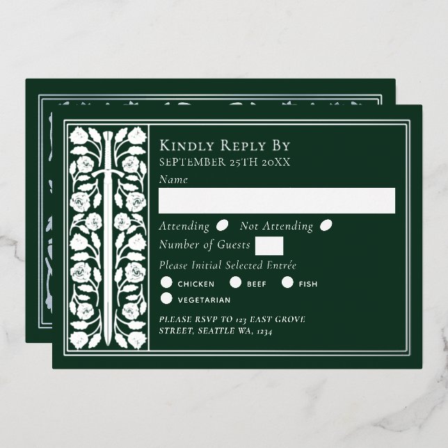 Invitation En Aluminium Épée Médiévale Verte Argentée Réponse Mariage (Recto/Verso)