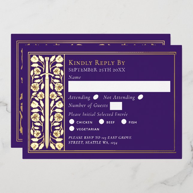Invitation En Aluminium Épée Médiévale Violet Or Réponse Mariage (Recto/Verso)