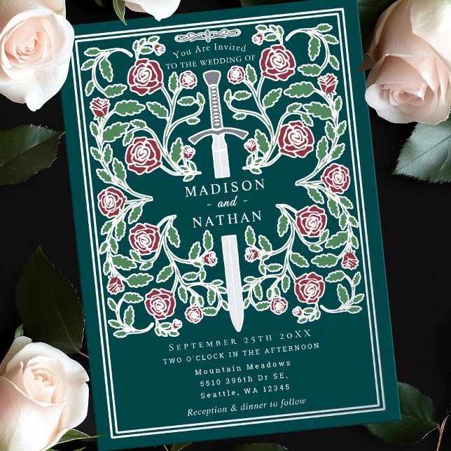Invitation En Aluminium Épée Royale Argentée Sarcelle Mariage Médiéval Fan (Créateur téléchargé)