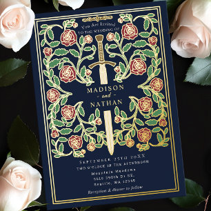 Invitation En Aluminium Épée Royale Bleue Fleurie Mariage Médiéval Fantast