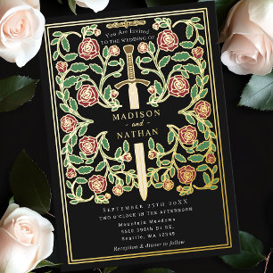 Invitation En Aluminium Épée royale noire florale médiévale mariage fantas