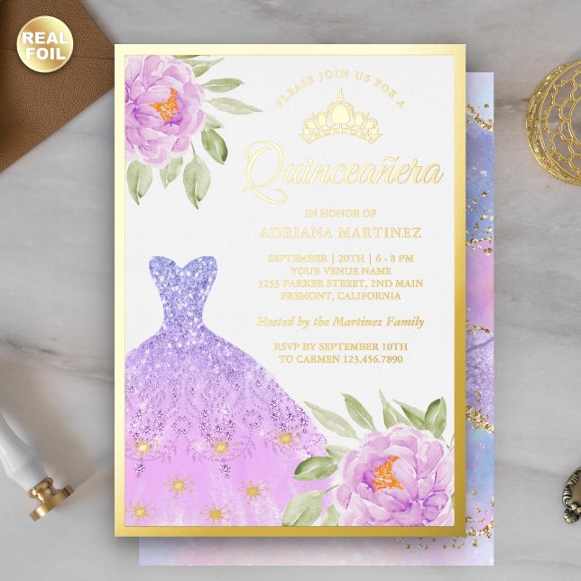 Invitation En Aluminium Éperche Gown Lilac Violet Floral Quinceanera Or (Créateur téléchargé)