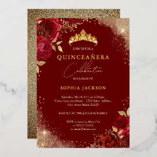 Invitation En Aluminium Éperche Or Rose rouge Tiara Quinceanera