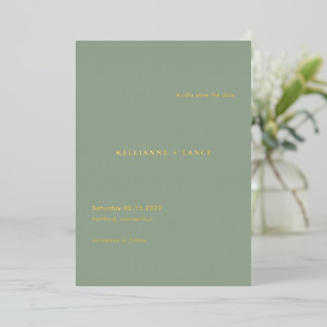 Invitation En Aluminium Épingle de mariage simple vert sauge moderne à con (Debout devant)