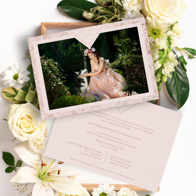 Invitation En Aluminium Espagnol Mis XV Años Real Rose Gold Fancy Texture (Créateur téléchargé)