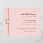 Invitation En Aluminium Étoile Bat mitzvah simple de David Rose Gold<br><div class="desc">Vous avez le choix entre de la feuille d'or, de l'or rose ou de la feuille d'argent. La couleur Arrière - plan est personnalisable. Si vous le souhaitez, ajoutez une photo à l'arrière. Si vous souhaitez supprimer du texte du calque de feuille, entrez l'éditeur et coupez et collez ces calques...</div>