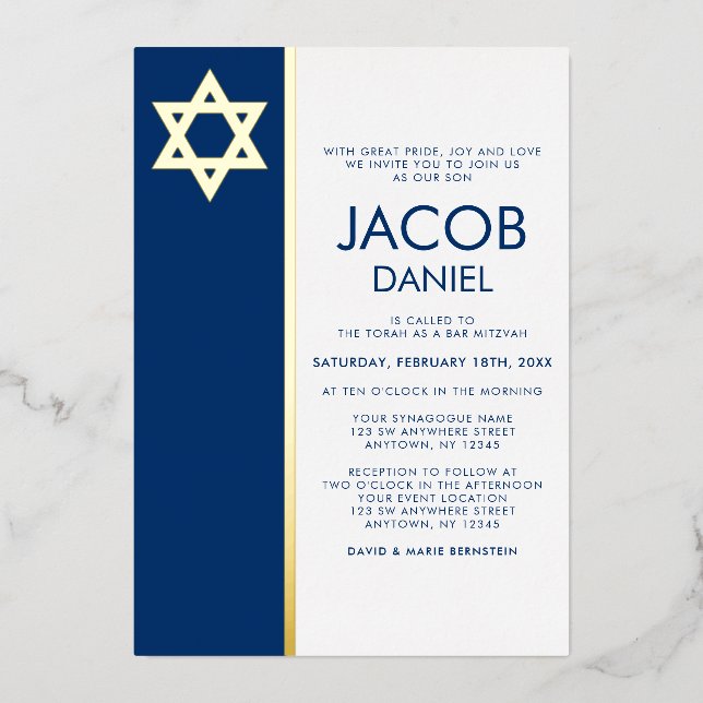 Invitation En Aluminium Étoile de David Bar Mitzvah Bleu Marine Or (Recto)