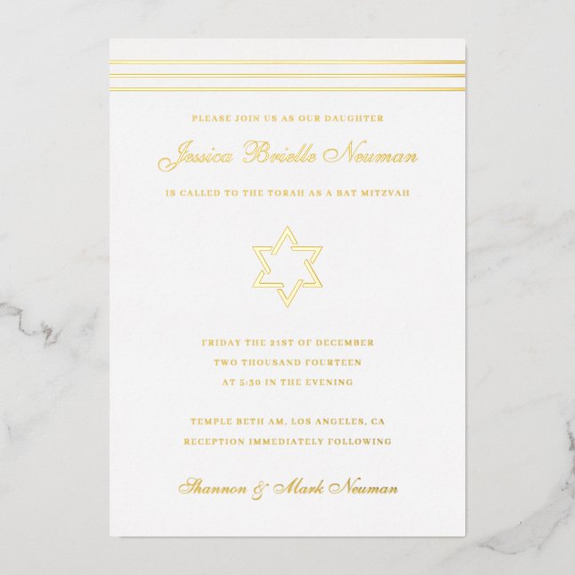 Invitation En Aluminium Étoile de David or rayure traditionnelle pour Bat  (Recto)