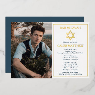 Invitation En Aluminium Étoile de David Simple Photo Bar Mitzvah - Or