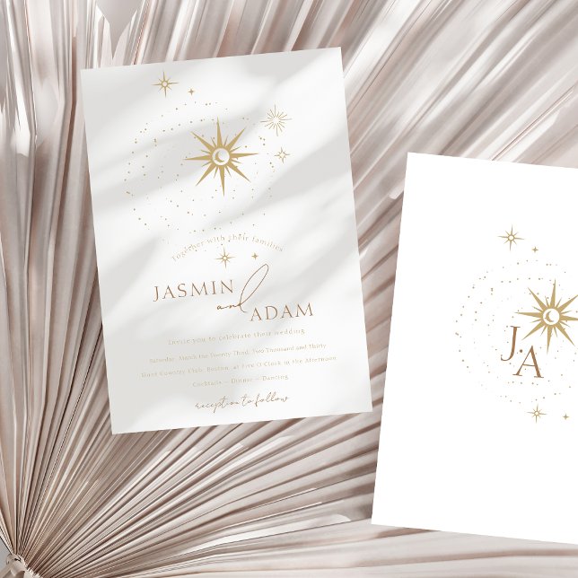 Invitation En Aluminium Étoiles blanches célestes et Mariage d'or (Celestial White Stars and Gold Wedding Foil Invitation)
