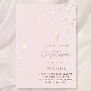 Invitation En Aluminium étoiles ciel sur fond aquarelle rose   Baptême 