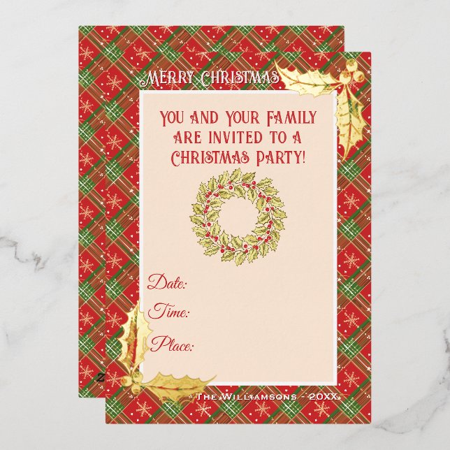 Invitation En Aluminium Étoiles de Noël en rouge, vert et or (Recto/Verso)