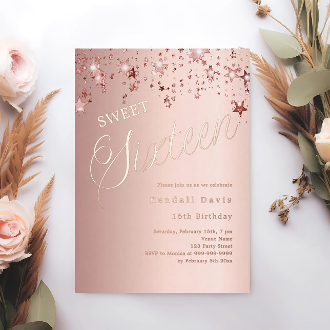 Invitation En Aluminium Étoiles de script en or rose moderne Sweet 16 (Créateur téléchargé)