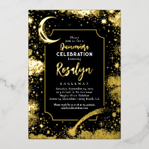 Invitation En Aluminium Étoiles d'or célestes et lune de nuit Quinceanera