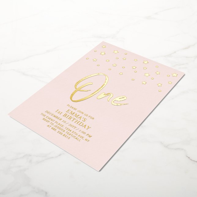 Invitation En Aluminium Étoiles d'or | Pink One 1ère fête d'anniversaire (Rotation)