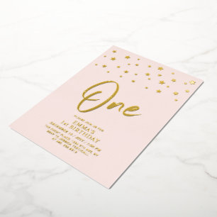 Invitation En Aluminium Étoiles Dorées   Rose Fête d'anniversaire 1 an