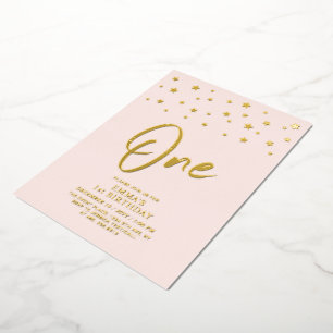 Invitation En Aluminium Étoiles Dorées Rose Fête d'anniversaire 1ère ann