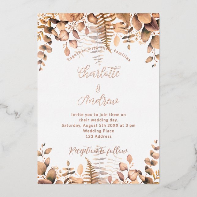 Invitation En Aluminium Eucalyptus chute bois mariage d'or (Recto)