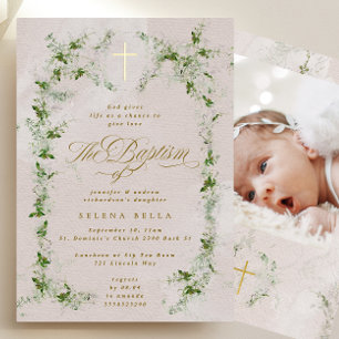 Invitation En Aluminium Eucalyptus Gold Cross Wreath Baptisme Foil Photo