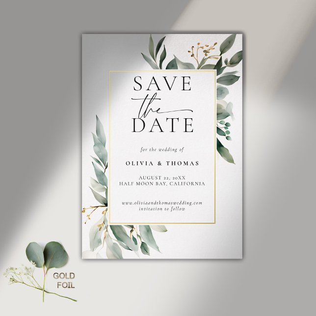 Invitation En Aluminium Eucalyptus Green Elegant Gold Mariage Date de sauv (modern simple wedding save the date typography calligraphy eucalyptus greenery gold foil frame)
