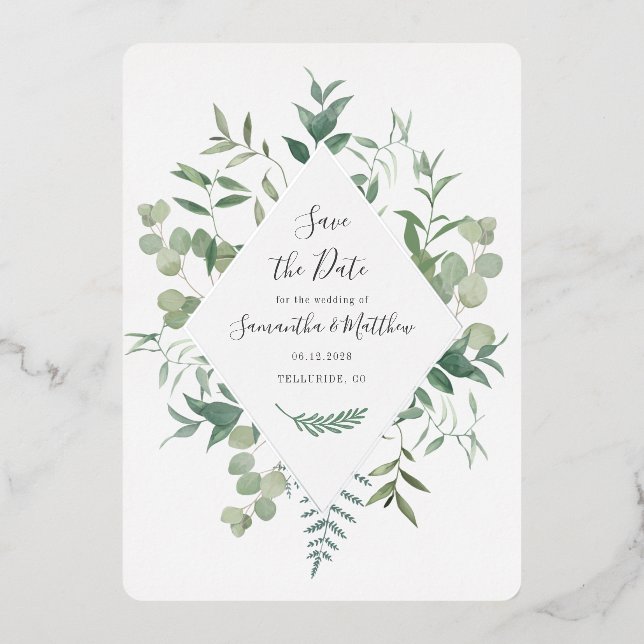 Invitation En Aluminium Eucalyptus Green Save the Date Argent (Recto)