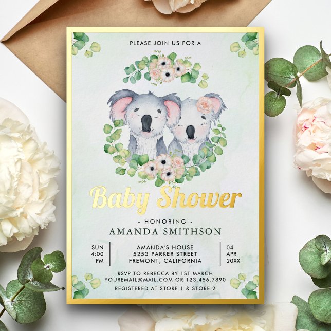 Invitation En Aluminium Eucalyptus Koala Oear Twins Baby shower Or (Créateur téléchargé)