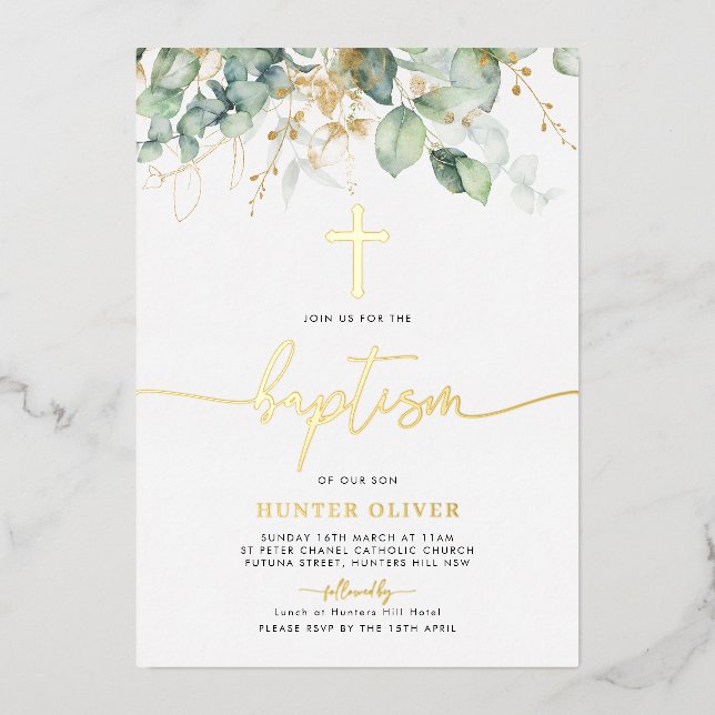 Invitation En Aluminium Eucalyptus Leaf Baptême Christening Foil Texte (Recto)