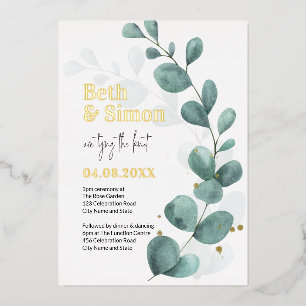 Invitation En Aluminium Eucalyptus Moderne Végétal Aquarelle Mariage Or