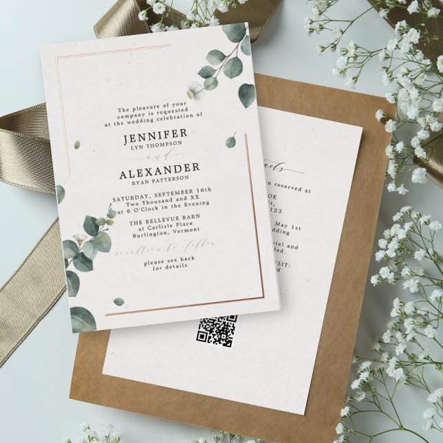 Invitation En Aluminium Eucalyptus Rustique & Code QR RSVP Mariage Rose Go (Créateur téléchargé)