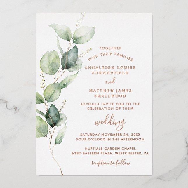 Invitation En Aluminium Eucalyptus Verdure Feuillage Mariage Rose Or (Recto)