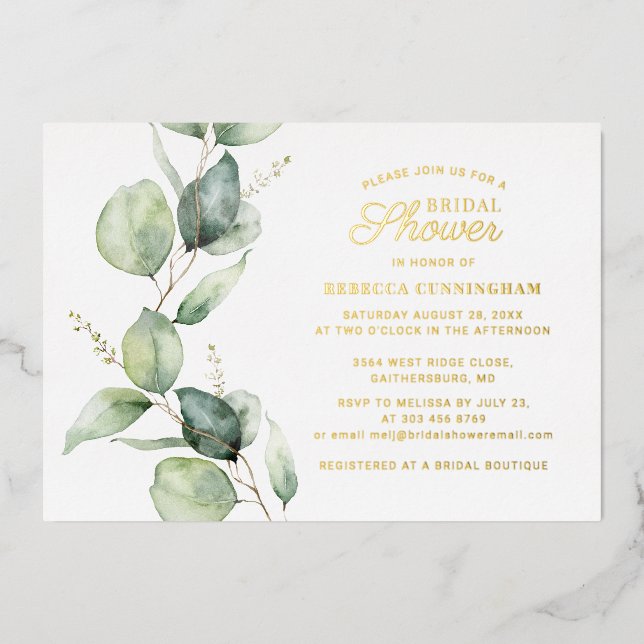 Invitation En Aluminium Eucalyptus Verdure Script Fête des mariées Or (Recto)