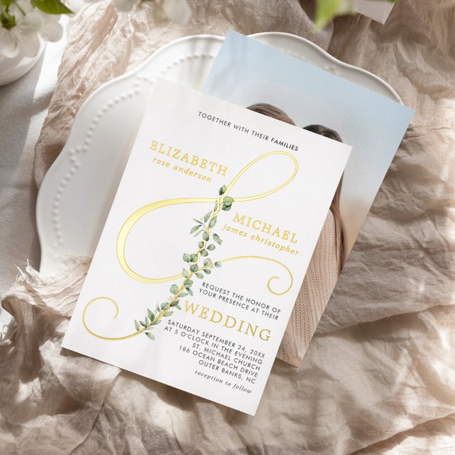 Invitation En Aluminium Eucalytpus moderne Ampersand Photo Mariage Or (Créateur téléchargé)