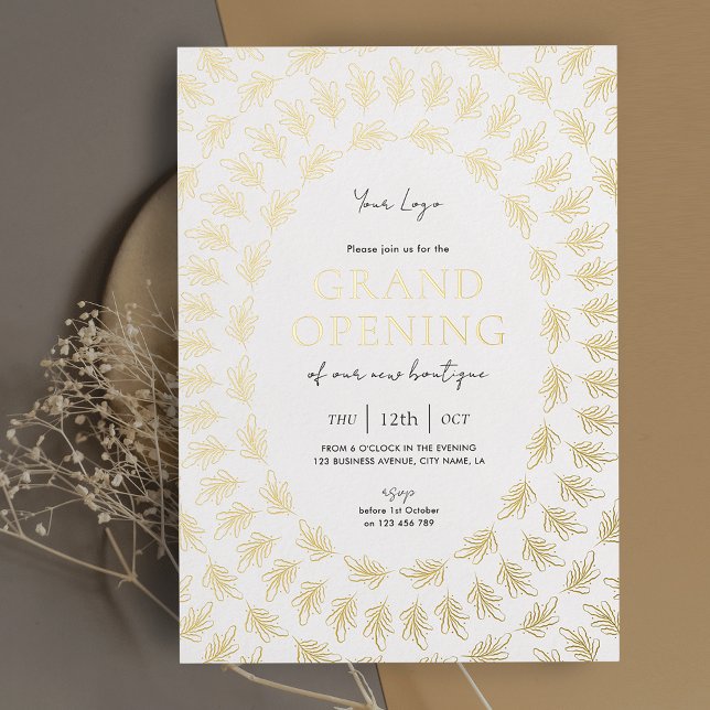 Invitation En Aluminium Événement de lancement élégant d'ouverture grandio (Elegant white and gold business grand opening invitation with greenery frame printed in real foil)