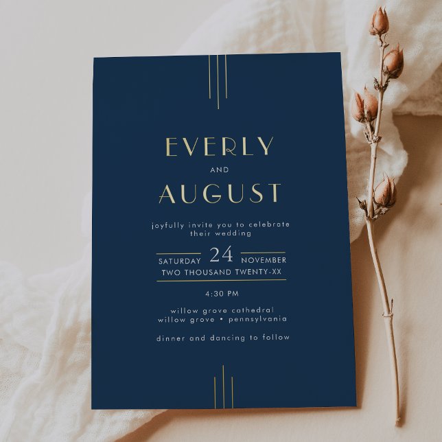 Invitation En Aluminium EVERLY Art Deco Navy Blue and Gold Foil Wedding (EVERLY Art Deco Navy Blue and Gold Foil Wedding Foil Invitation)