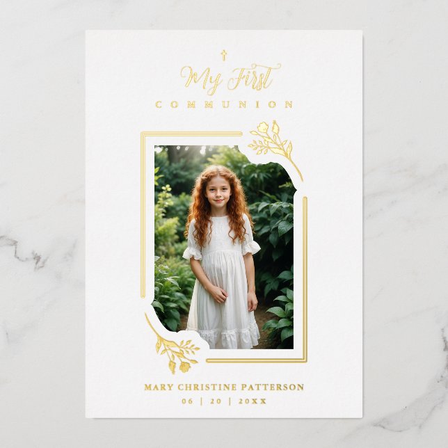 Invitation En Aluminium Exquisite Gold Botanical Frame First Communion (Recto)