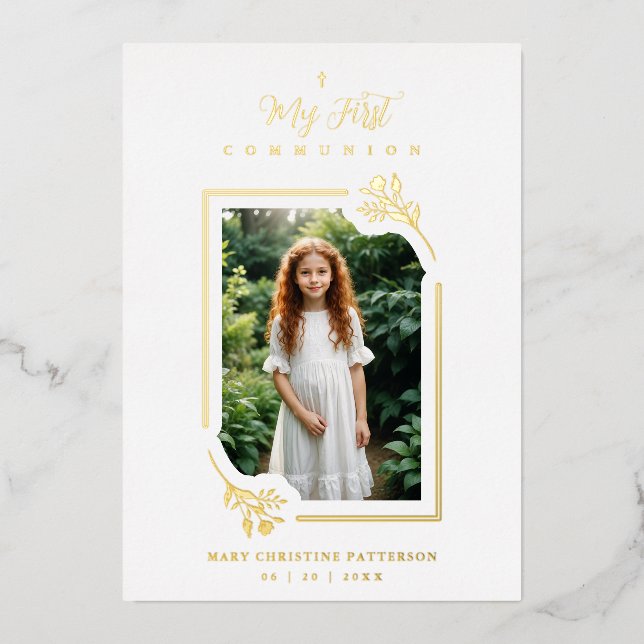 Invitation En Aluminium Exquisite Gold Botanical Frame First Communion (Recto)