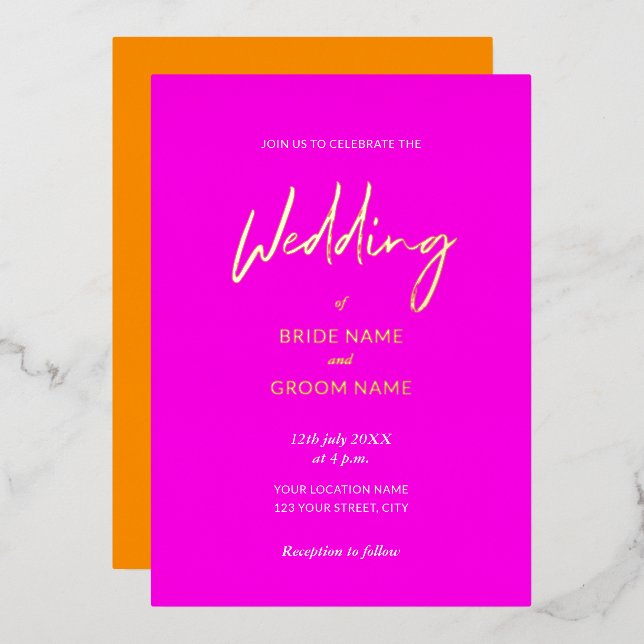 Invitation En Aluminium Eyecatching Pink Orange Script Mariage Moderne (Recto/Verso)