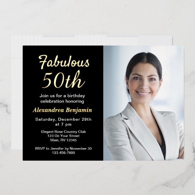 Invitation En Aluminium Fabuleux 50e anniversaire Photo Black Gold (Enveloppe)