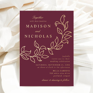 Invitation En Aluminium Faire défiler les feuilles de mariage Merlot et or