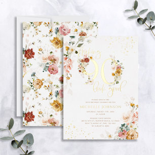 Invitation En Aluminium Faire paraître 90 ans radieux Fleurs roses et or