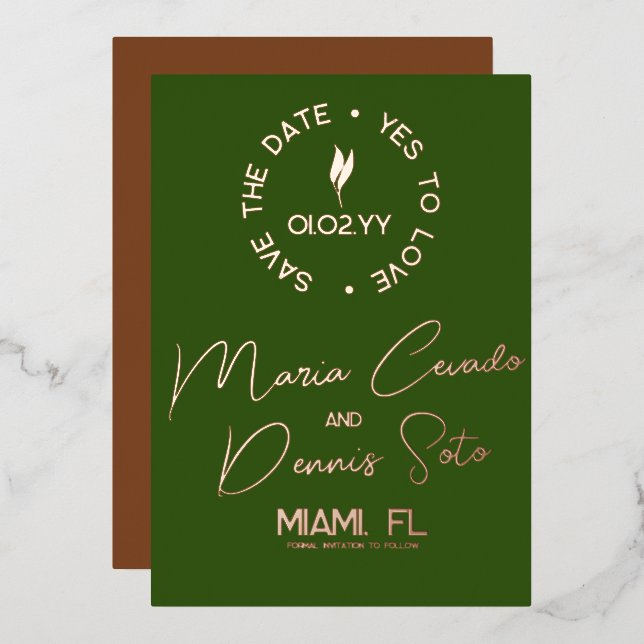 Invitation En Aluminium Faire part de date de Botanical Green Brown Script (Recto/Verso)